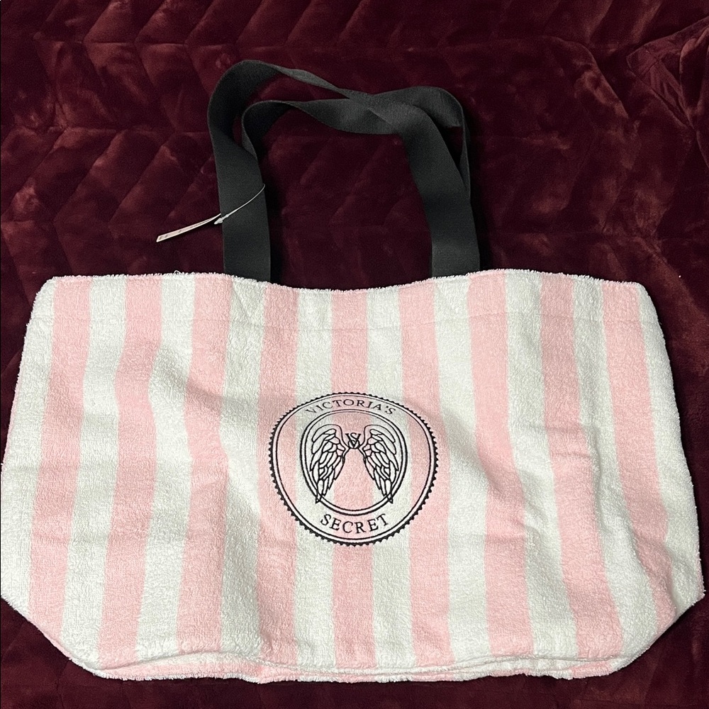 Victoria's Secret Pink and White Striped Beach Tote with Black Handles